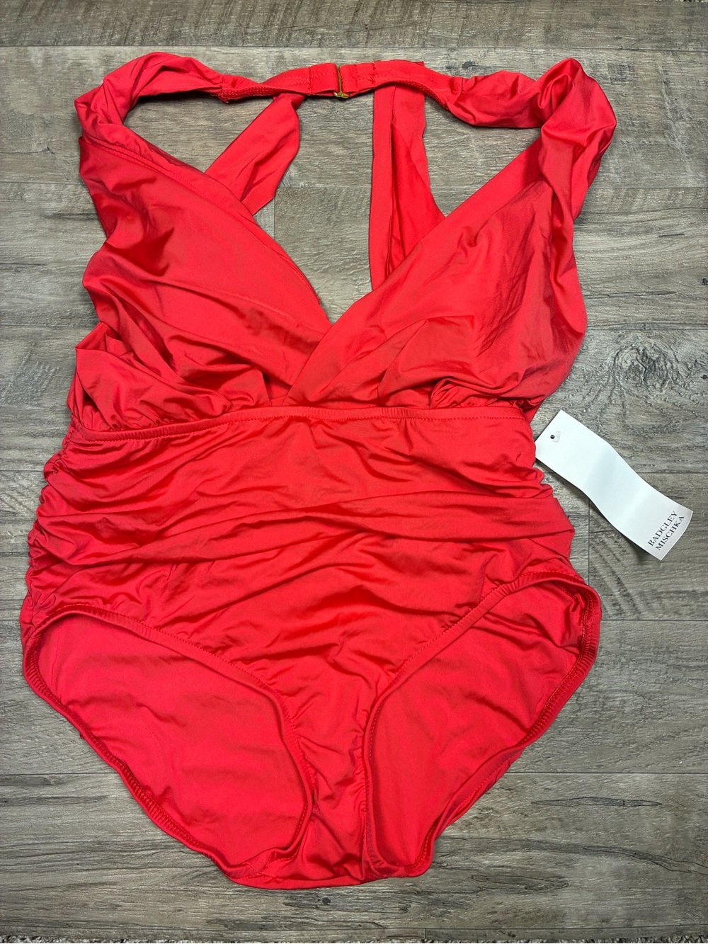 Badgley Mischka Shirred Dip Back One Piece Swimsuit